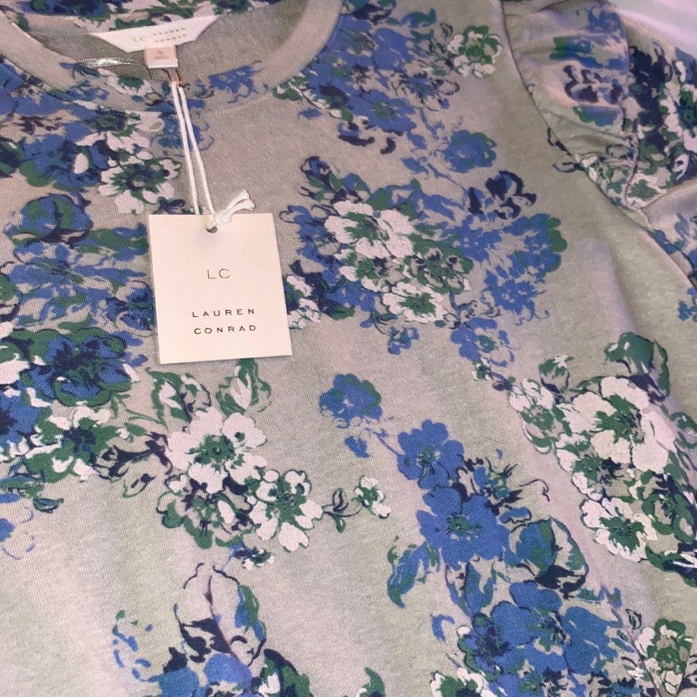LC Lauren Conrad blue floral longsleeve sweater shirt flutter ruffle sleeve S​ - Picture 7 of 13